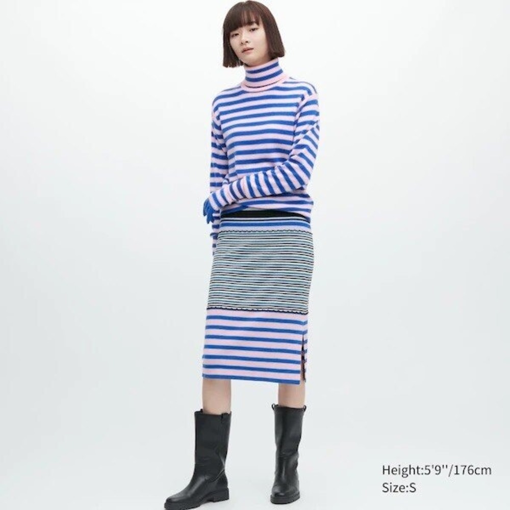 MARNI Uniqlo Midi Knit Skirt Sz M Blue Green Pink Stripe Stretch Wool Blend